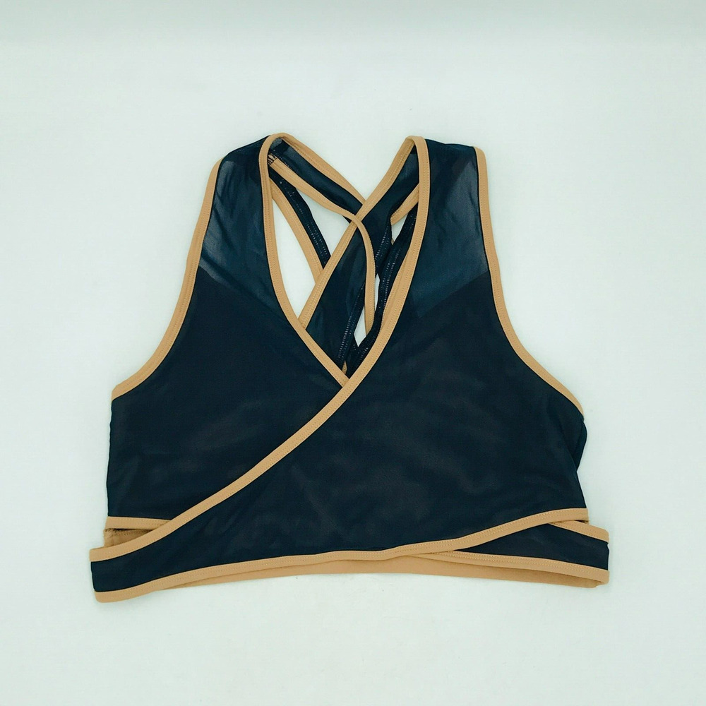 Fabletics Womens *Medium Sports Bra Gray Tan Unpadded Wrap Racerback Active CD22